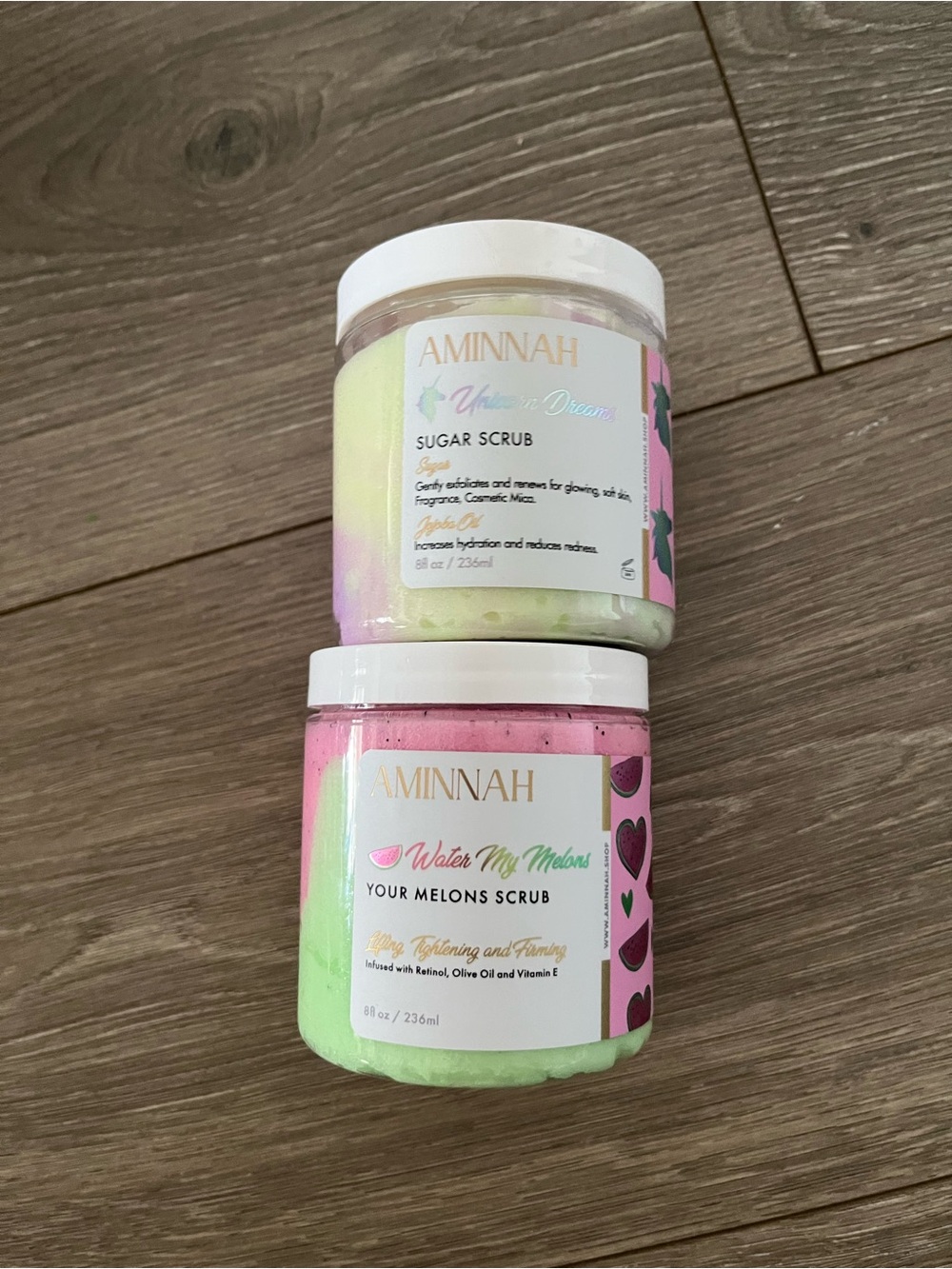 NWT AMINNAH Water My Melons Pink & Green Sugar Body Scrub & Unicorn Sugar Scrub